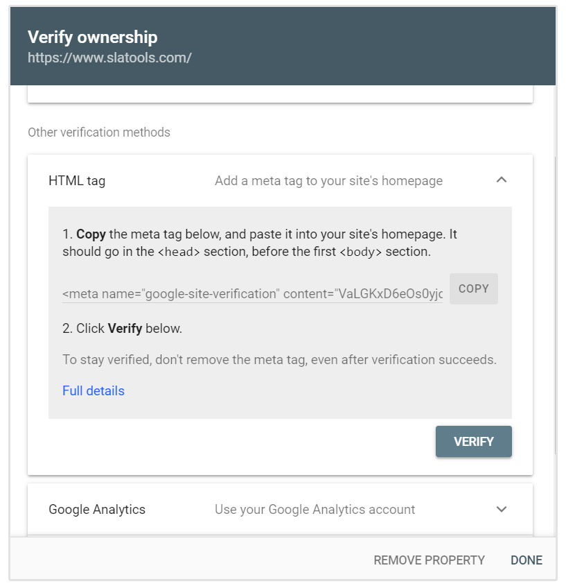 Verificación de etiqueta HTML en Google Search Console